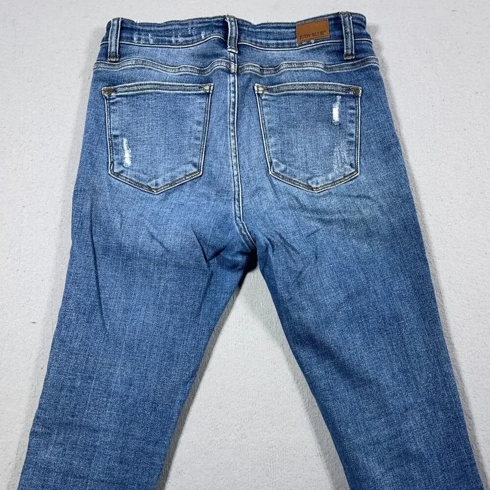 Judy‎ Blue Jeans Womens 7/28  Skinny Fit Distressed Plaid Patch Medium Wash